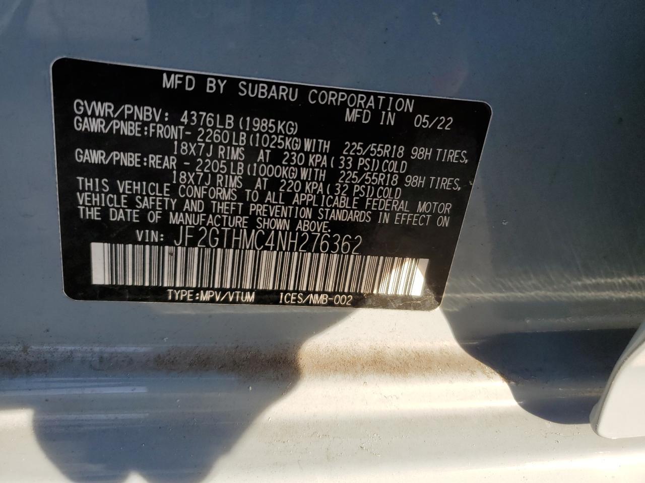 2022 SUBARU CROSSTREK LIMITED VIN:JF2GTHMC4NH276362