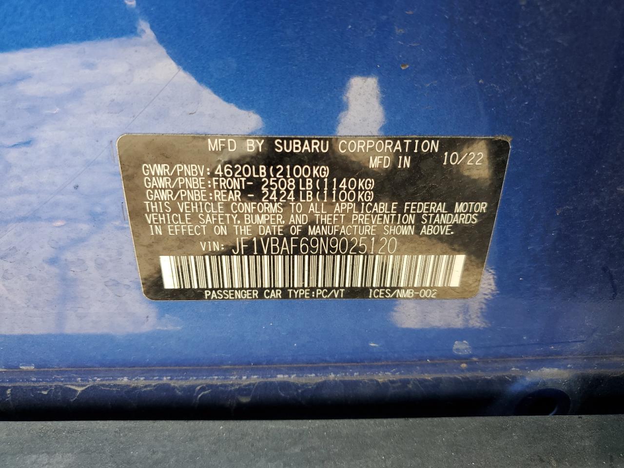 2022 SUBARU WRX PREMIUM VIN:JF1VBAF69N9025120