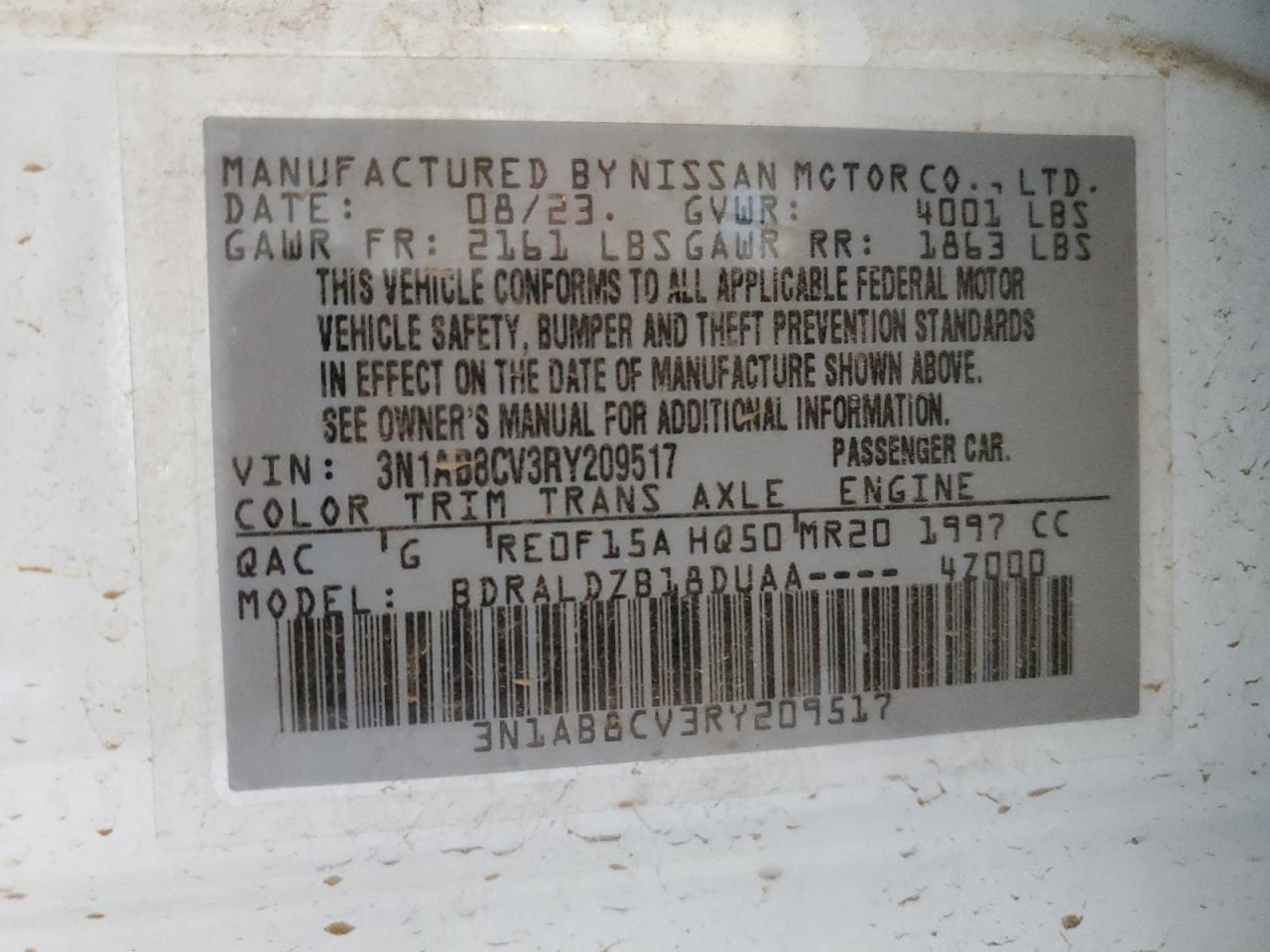 2024 NISSAN SENTRA SV VIN:3N1AB8CV3RY209517