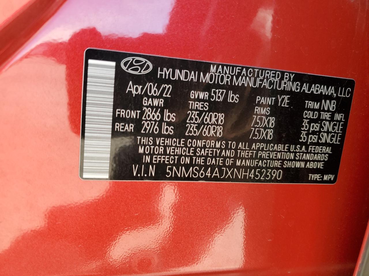 2022 HYUNDAI SANTA FE SEL VIN:5NMS64AJXNH452390