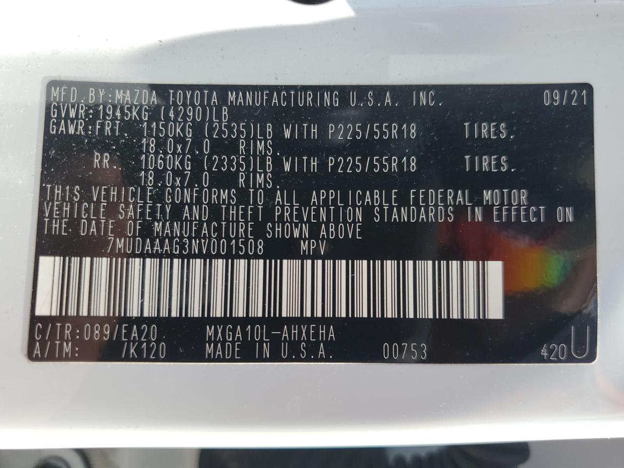 2022 TOYOTA COROLLA CROSS XLE VIN:7MUDAAAG3NV001508