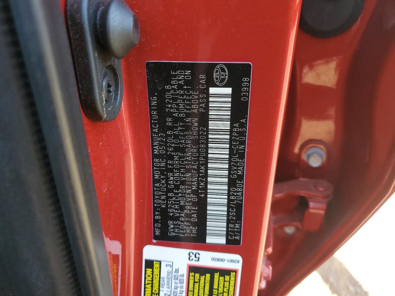 2023 TOYOTA CAMRY TRD VIN:4T1KZ1AK1PU083022