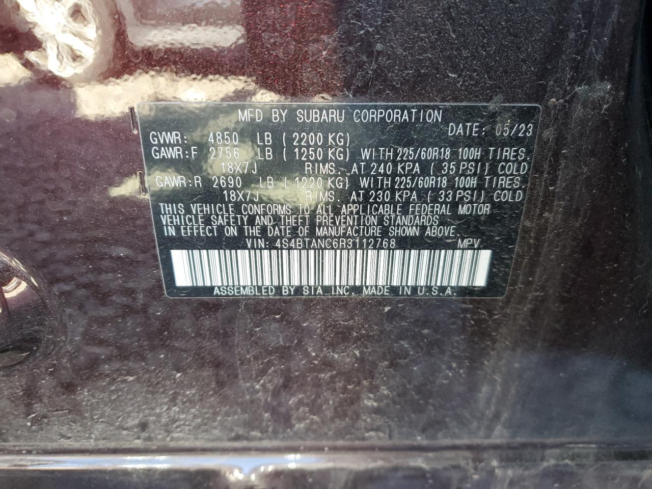 2024 SUBARU OUTBACK LIMITED VIN:4S4BTANC6R3112768