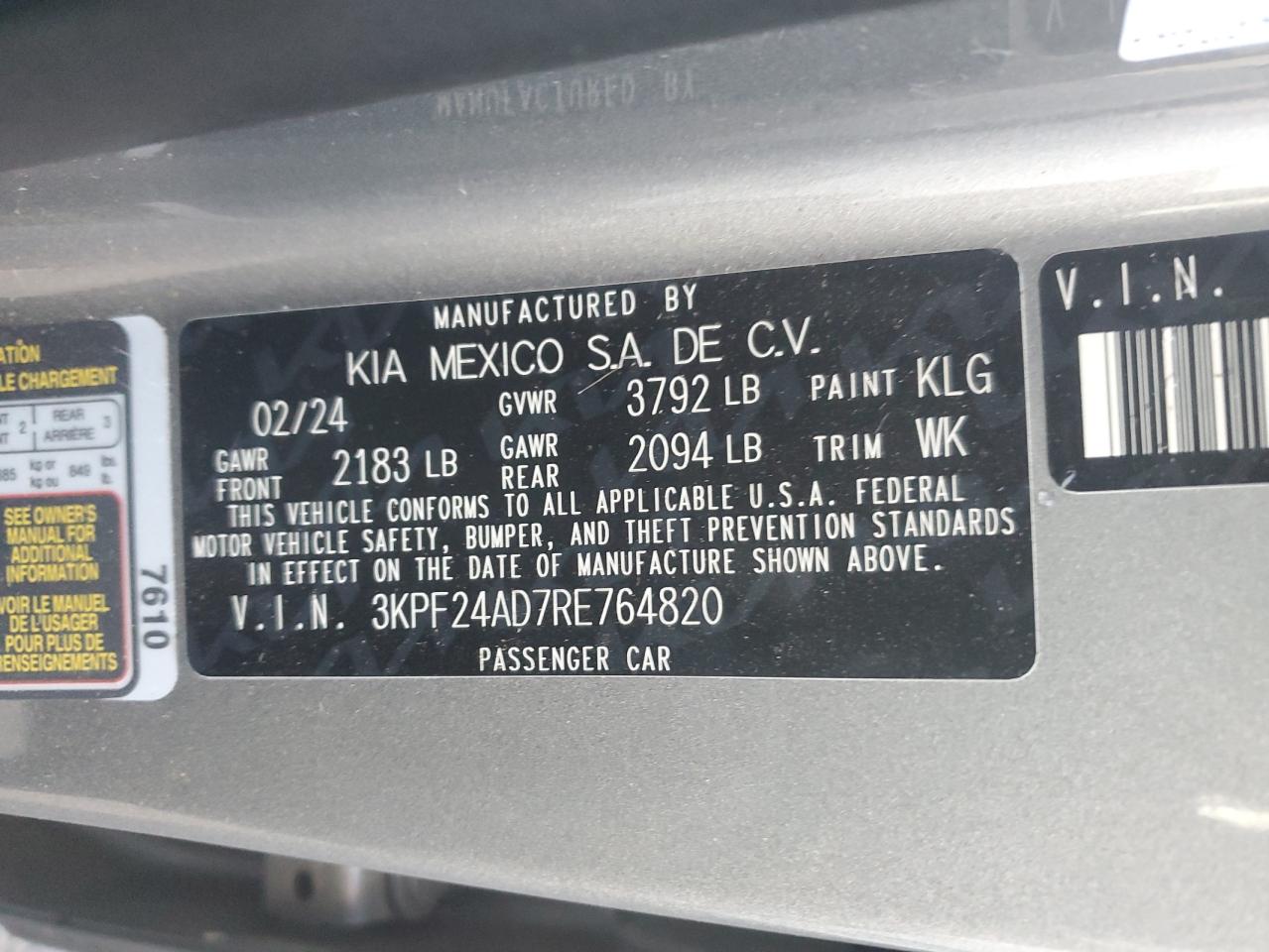 2024 KIA FORTE LX VIN:3KPF24AD7RE764820