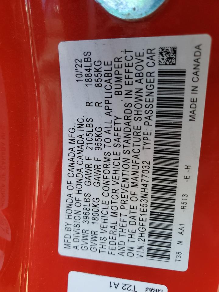 2022 HONDA CIVIC SI VIN:2HGFE1E53NH477032