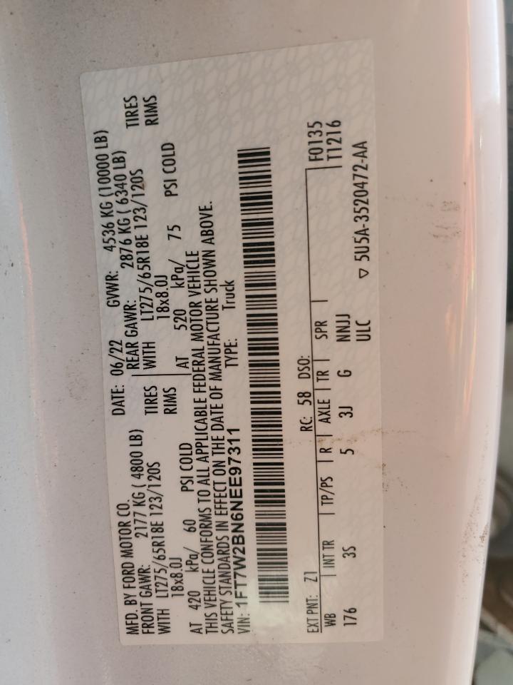 2022 FORD F250 SUPER DUTY VIN:1FT7W2BN6NEE97311