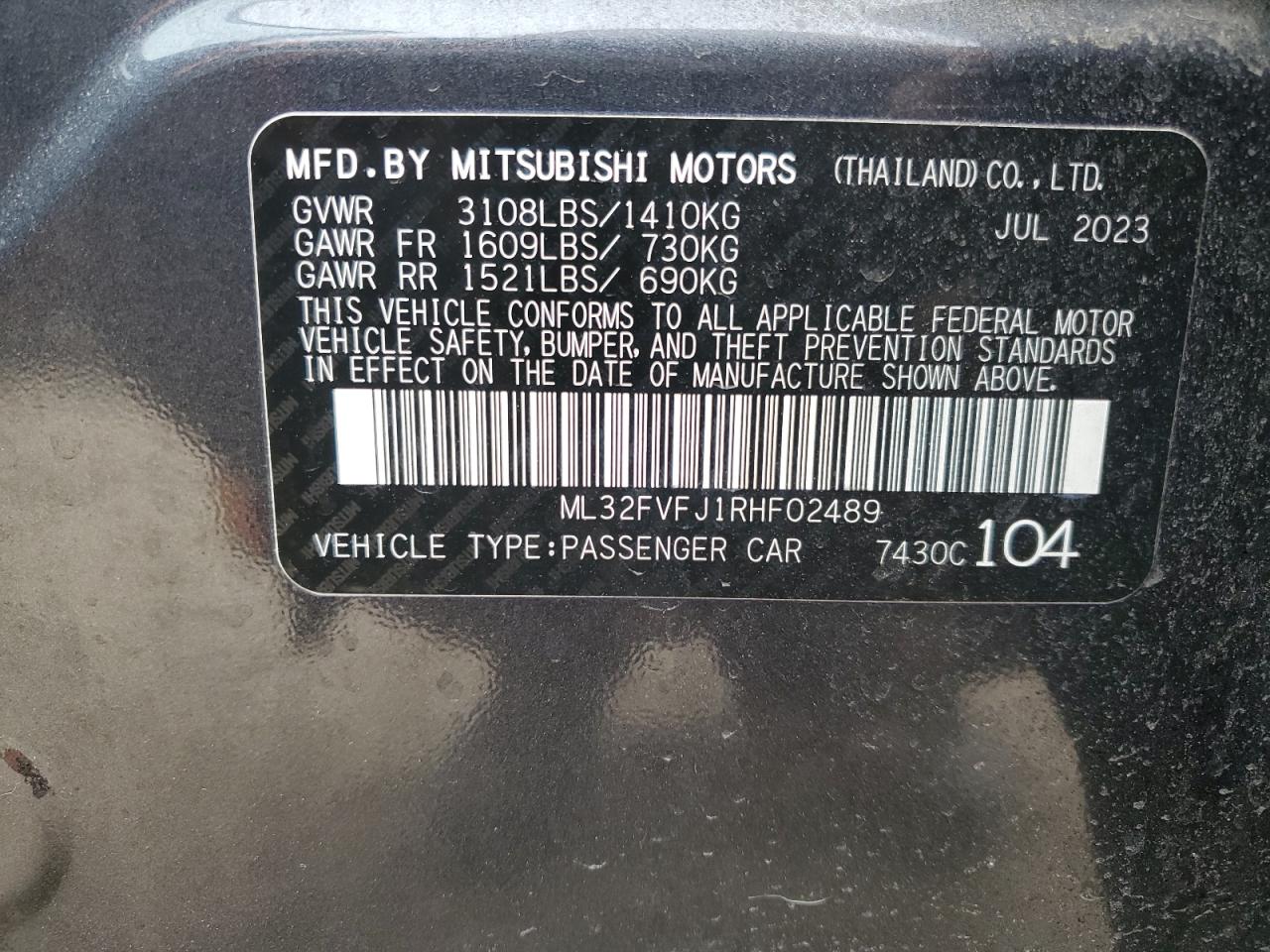 2024 MITSUBISHI MIRAGE G4 SE VIN:ML32FVFJ1RHF02489