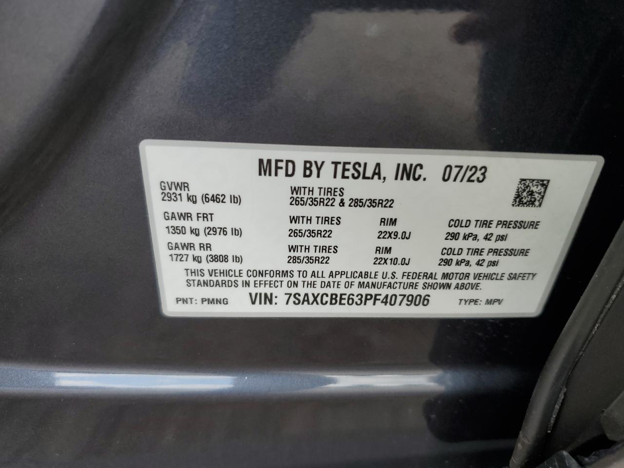 2023 TESLA MODEL X  VIN:7SAXCBE63PF407906