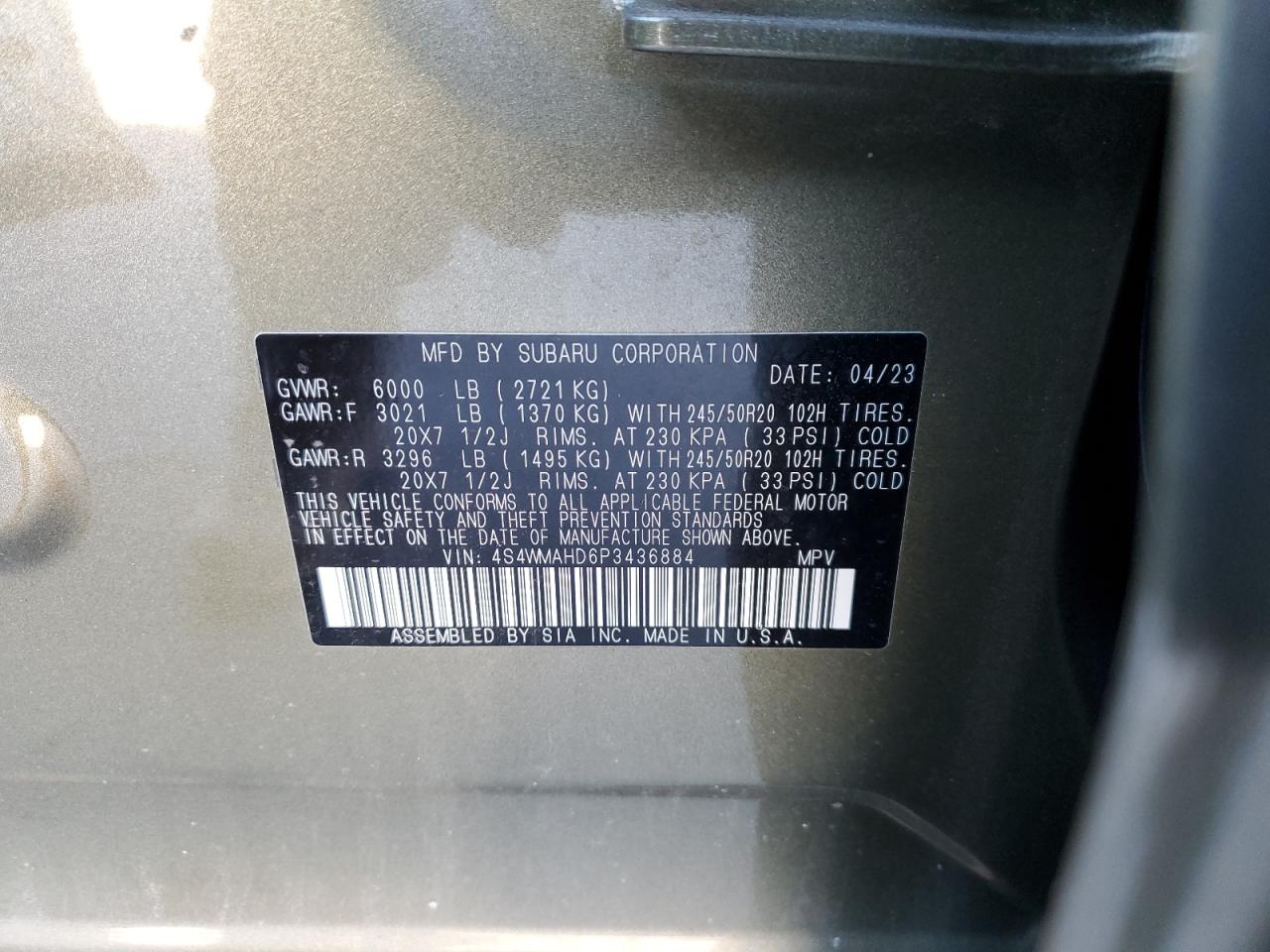 2023 SUBARU ASCENT PREMIUM VIN:2D4GP44L45R477780