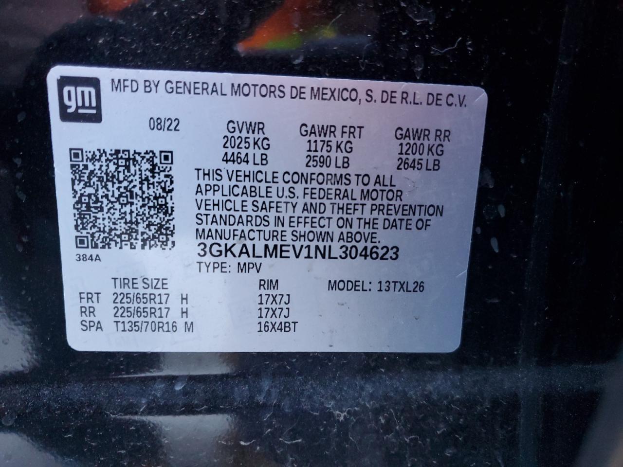 2022 GMC TERRAIN SLE VIN:3GKALMEV1NL304623