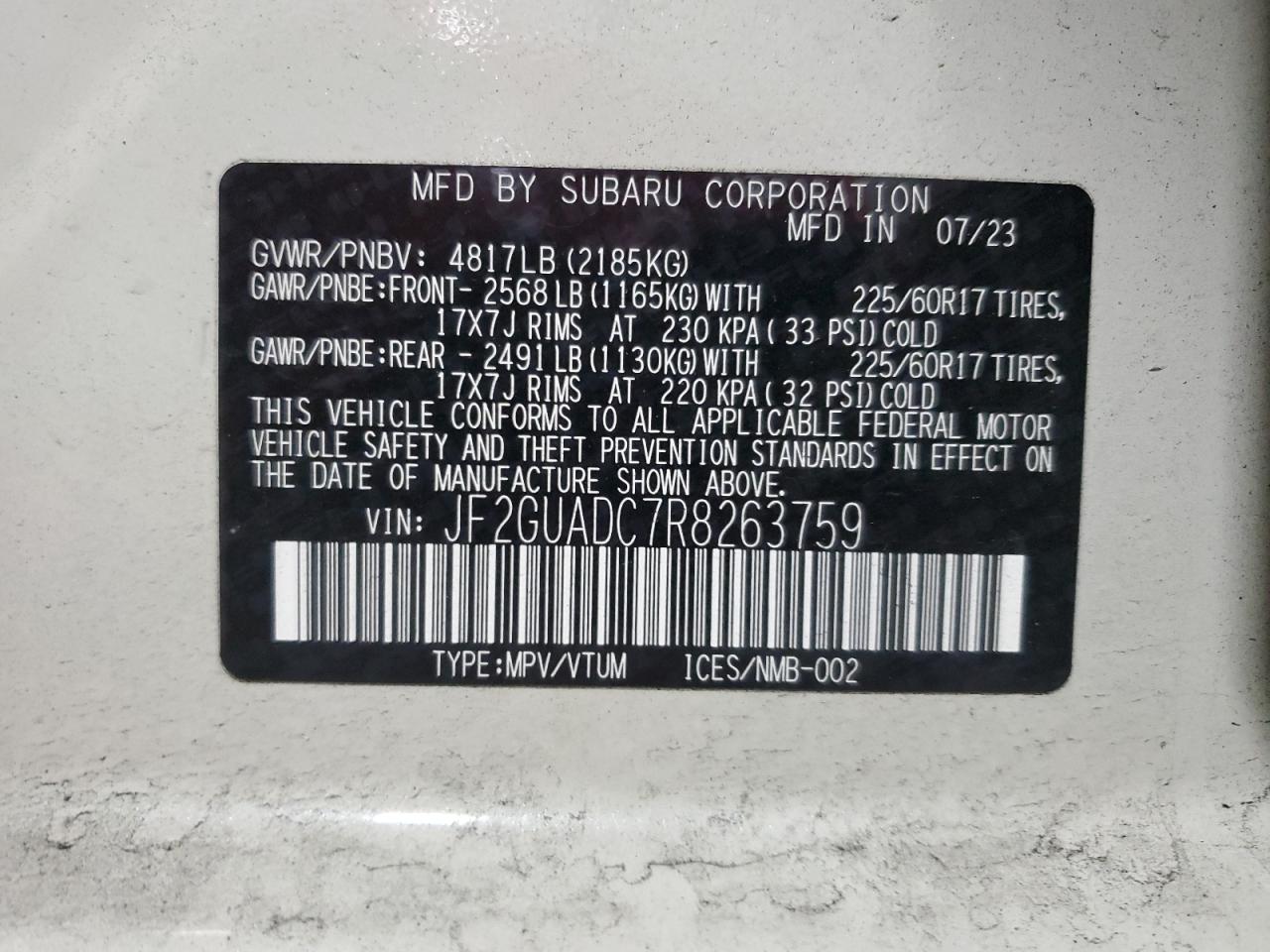 2024 SUBARU CROSSTREK PREMIUM VIN:JF2GUADC7R8263759