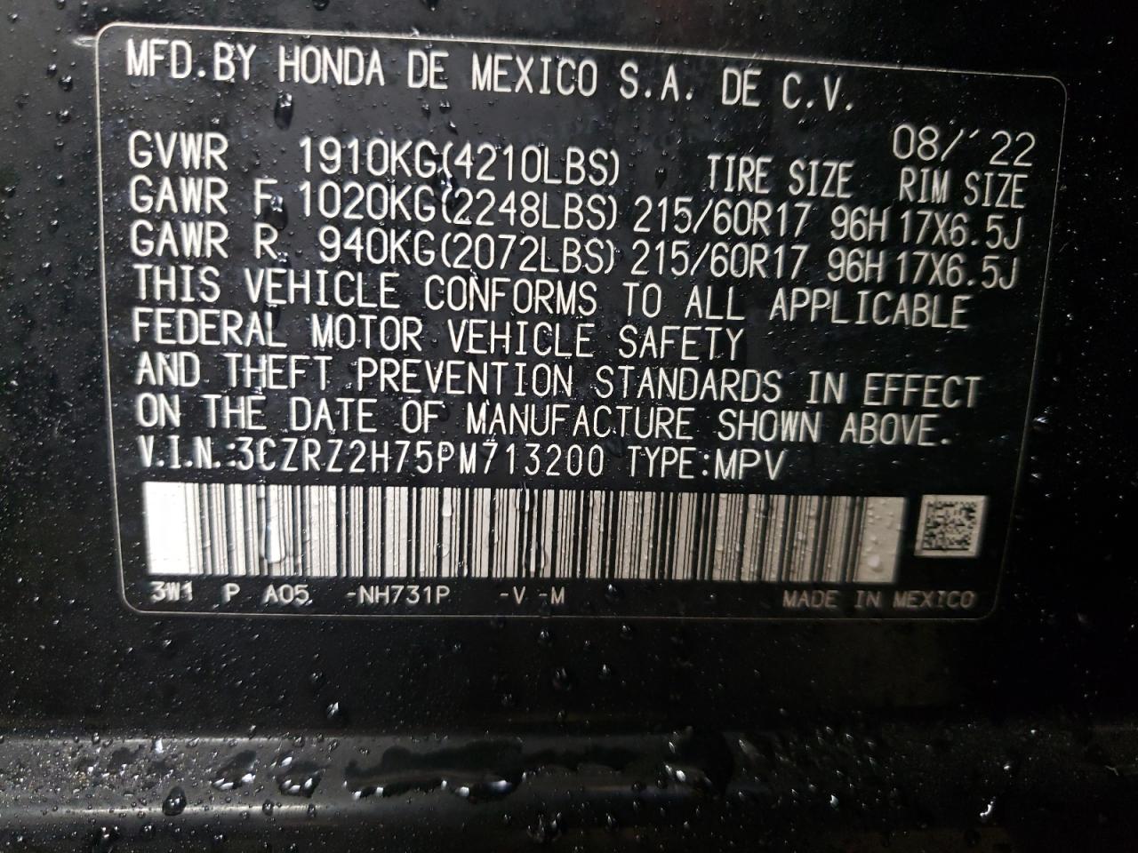 2023 HONDA HR-V EXL VIN:3CZRZ2H75PM713200