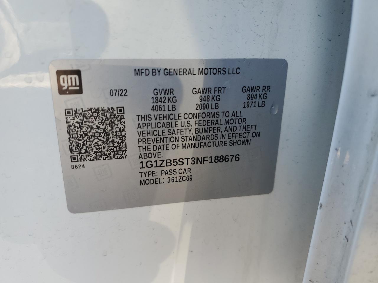 2022 CHEVROLET MALIBU LS VIN:1G1ZB5ST3NF188676