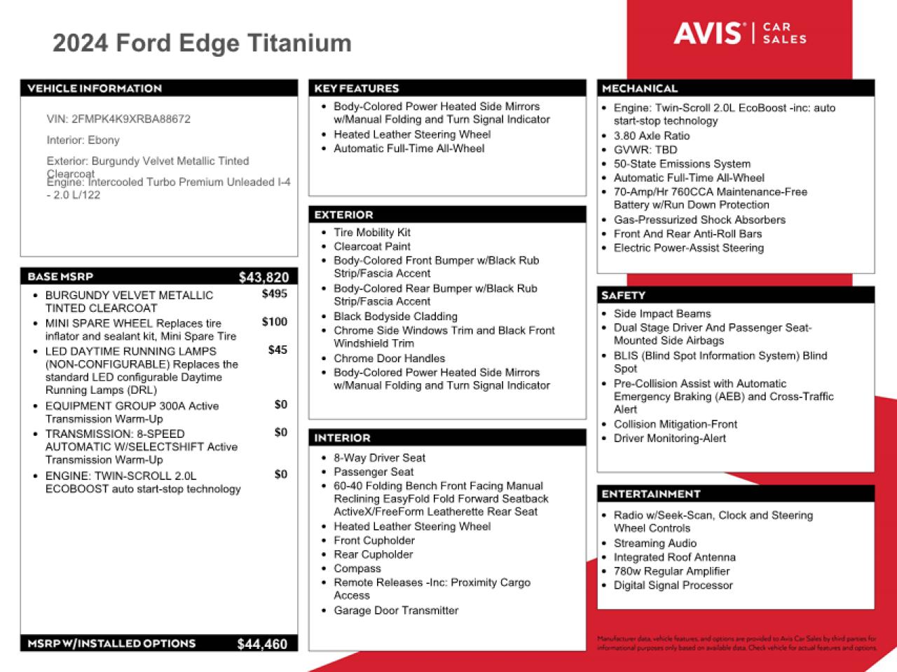 2024 FORD EDGE TITANIUM VIN:2FMPK4K9XRBA88672