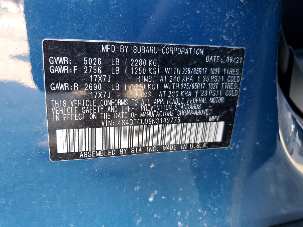 2022 SUBARU OUTBACK WILDERNESS VIN:4S4BTGUD9N3102775