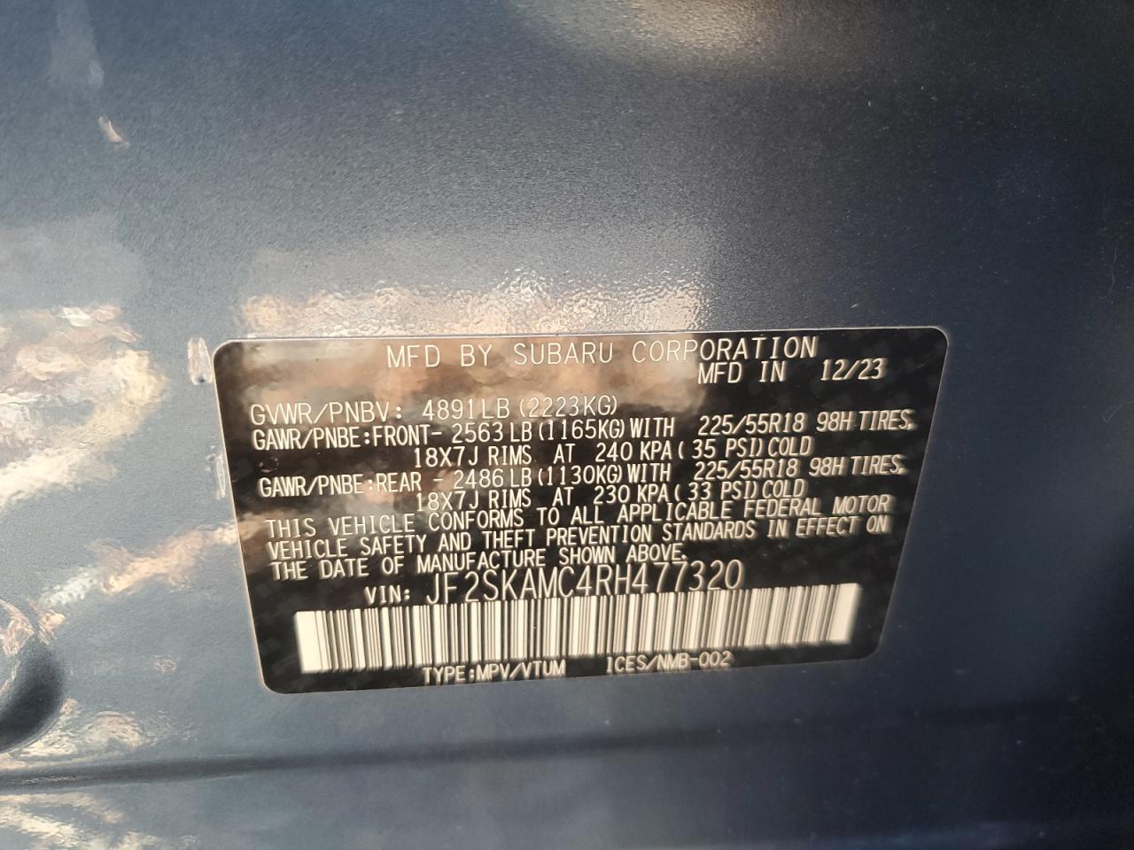 2024 SUBARU FORESTER TOURING VIN:JF2SKAMC4RH477320