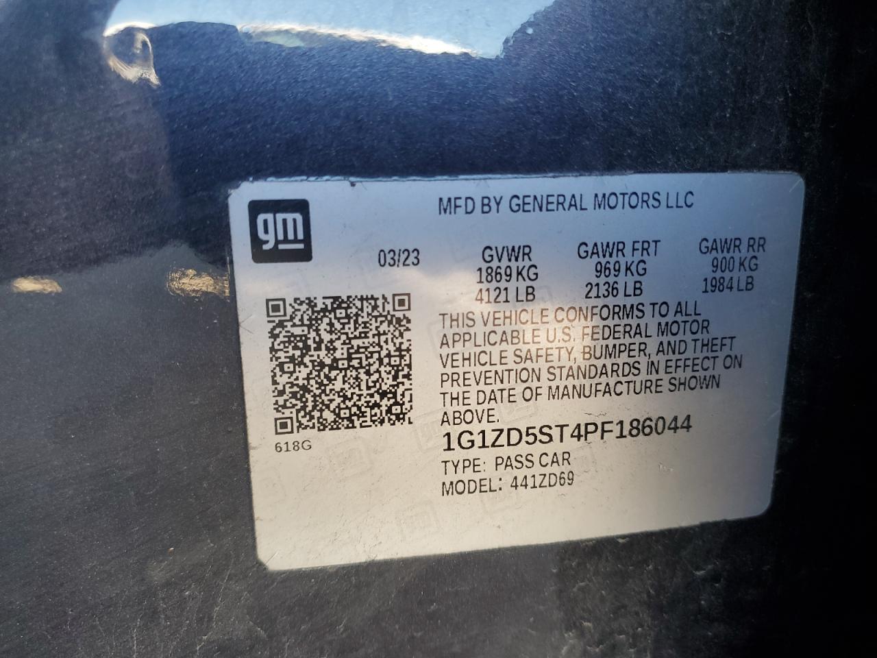 2023 CHEVROLET MALIBU LT VIN:1G1ZD5ST4PF186044