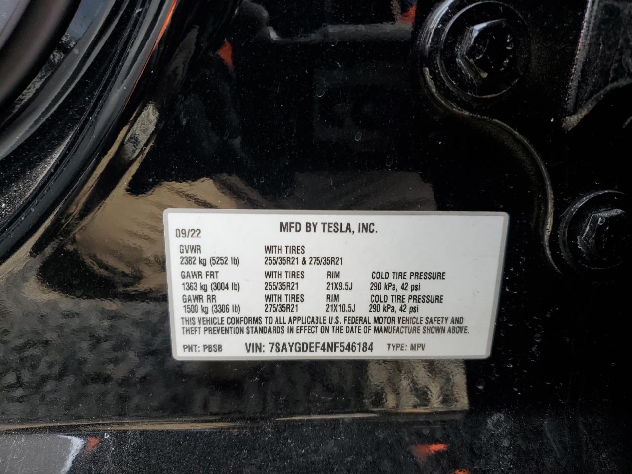 2022 TESLA MODEL Y  VIN:7SAYGDEF4NF546184