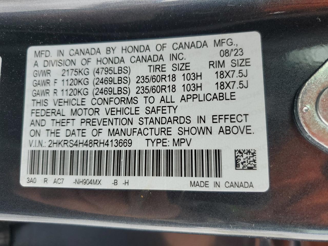 2024 HONDA CR-V EX VIN:2HKRS4H48RH413669