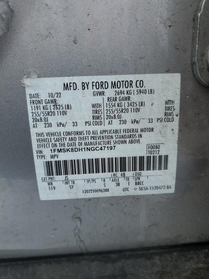 2022 FORD EXPLORER XLT VIN:1FMSK8DH1NGC47197
