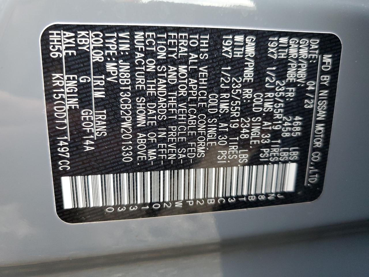 2023 NISSAN ROGUE SL VIN:JN8BT3CB2PW201330