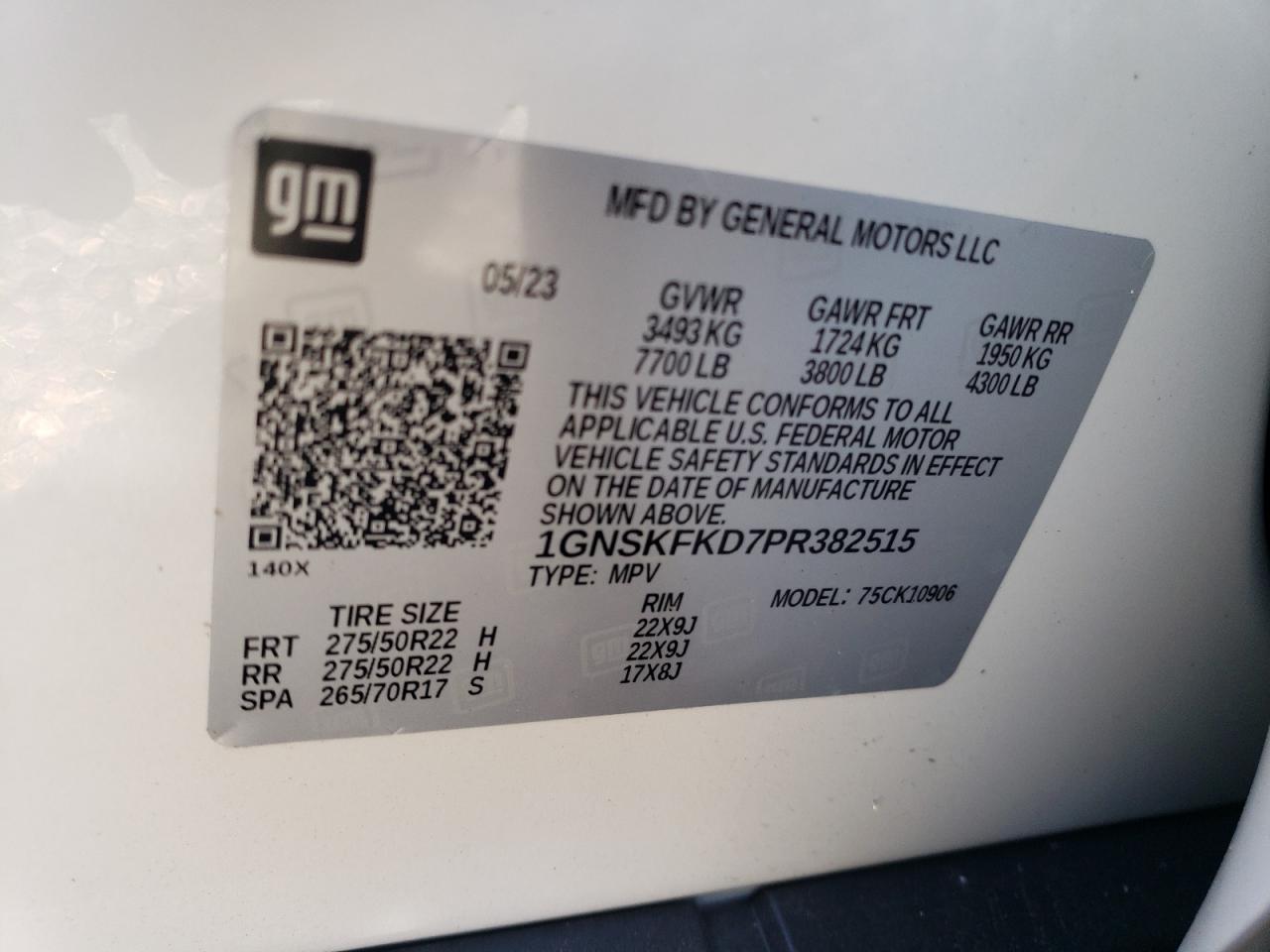 2023 CHEVROLET SUBURBAN K1500 PREMIER VIN:1GNSKFKD7PR382515