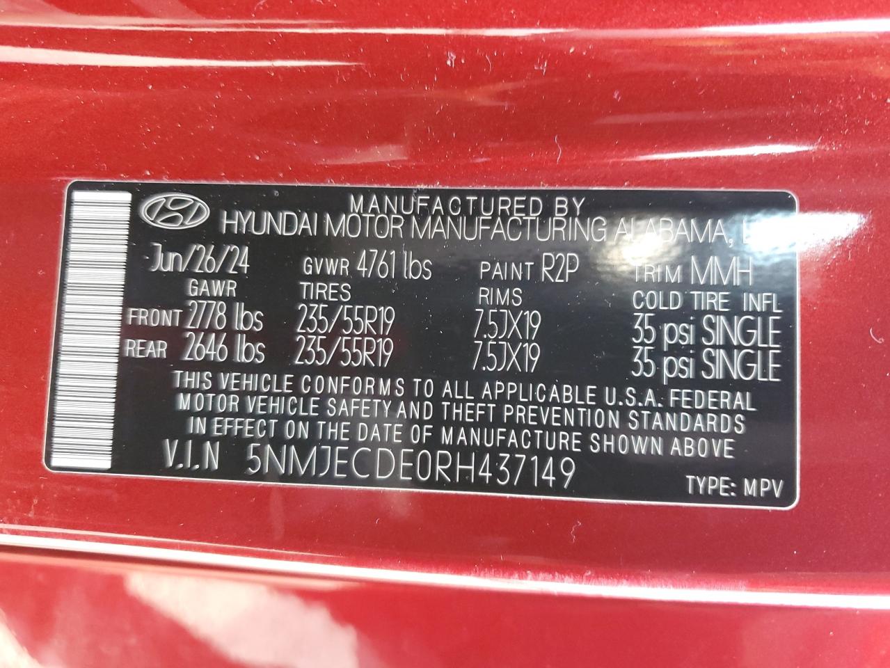 2024 HYUNDAI TUCSON LIMITED VIN:5NMJECDE0RH437149