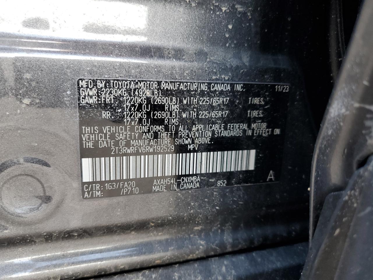2024 TOYOTA RAV4 XLE VIN:2T3RWRFV6RW192529