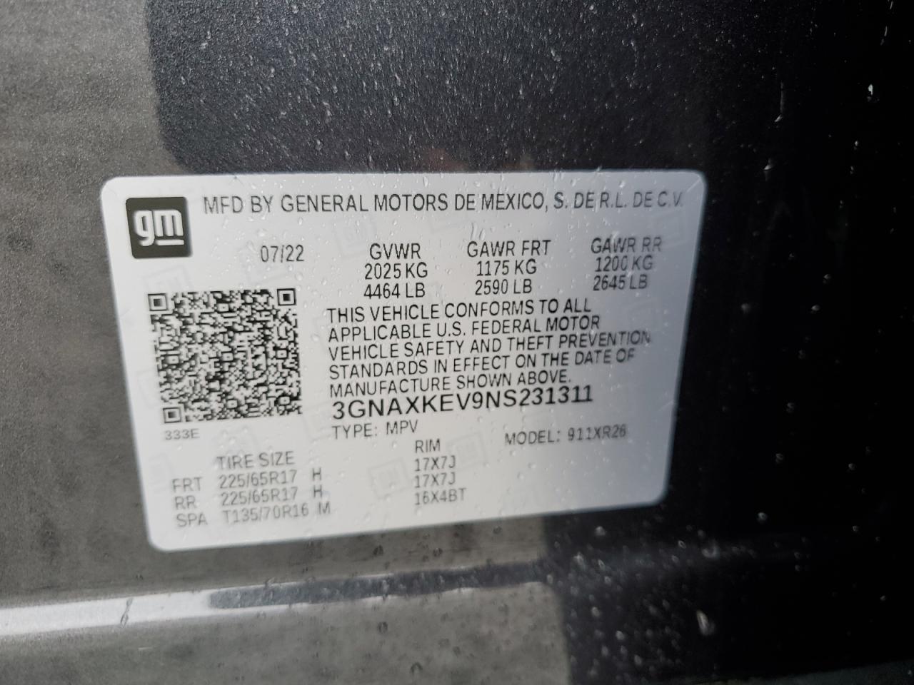 2022 CHEVROLET EQUINOX LT VIN:3GNAXKEV9NS231311