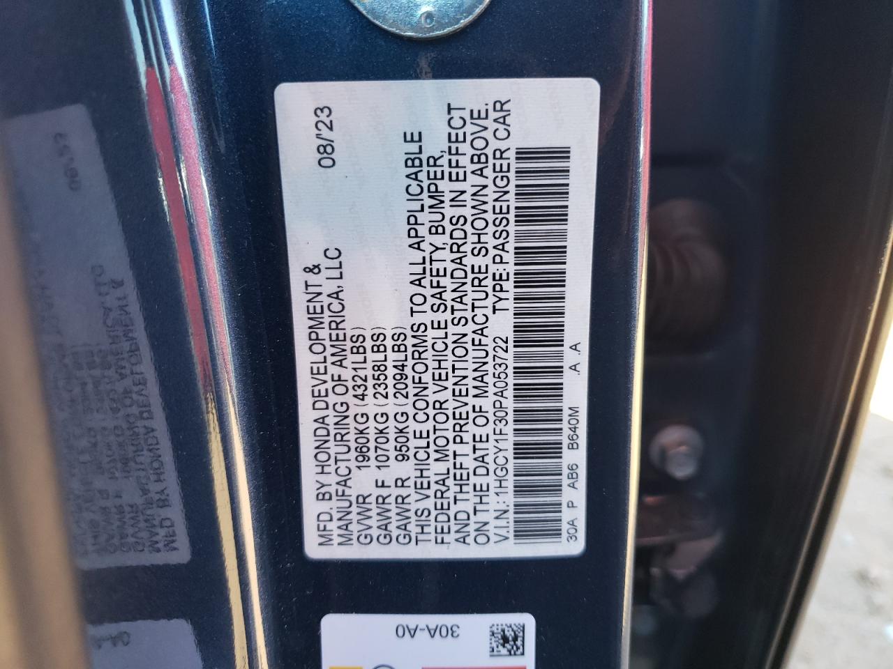 2023 HONDA ACCORD EX VIN:1HGCY1F30PA053722