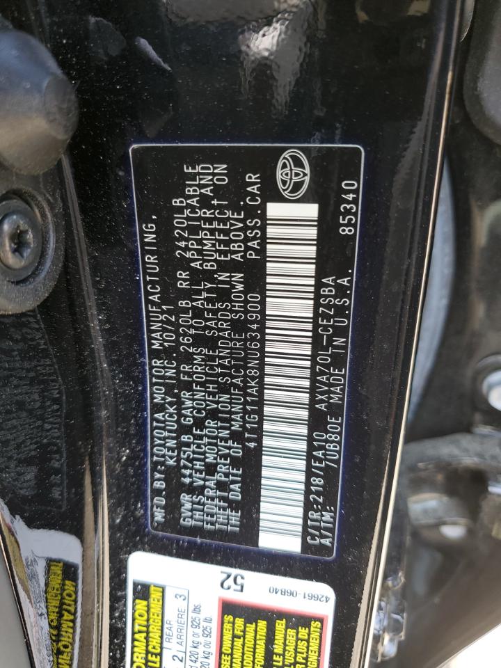 2022 TOYOTA CAMRY SE VIN:4T1G11AK8NU634900