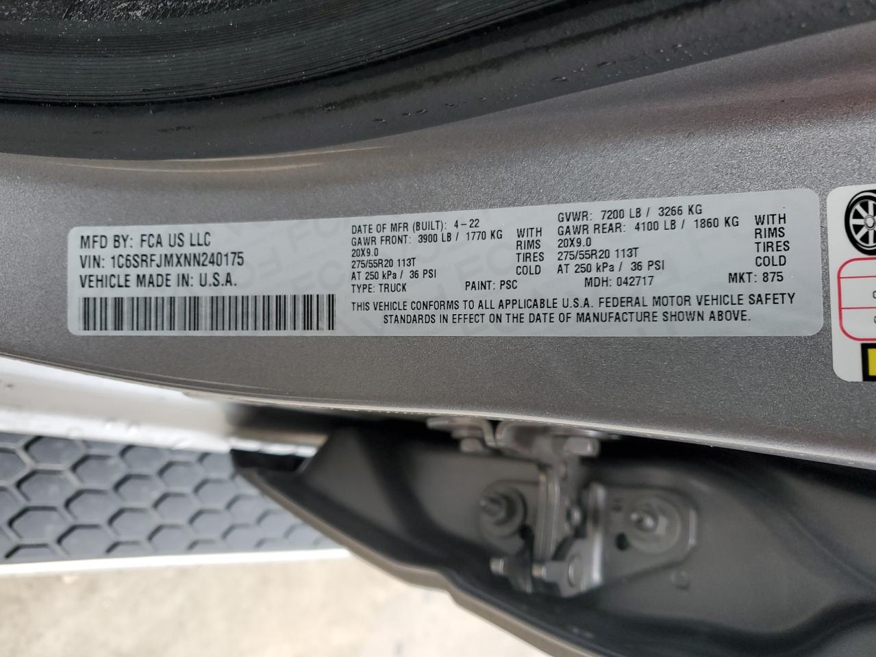 2022 RAM 1500 LARAMIE VIN:1C6SRFJMXNN240175