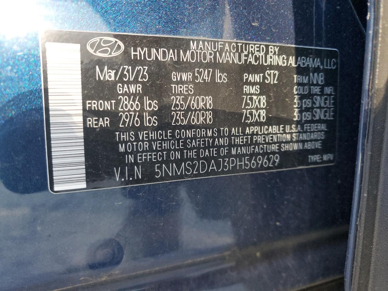 2023 HYUNDAI SANTA FE SEL VIN:5NMS2DAJ3PH569629