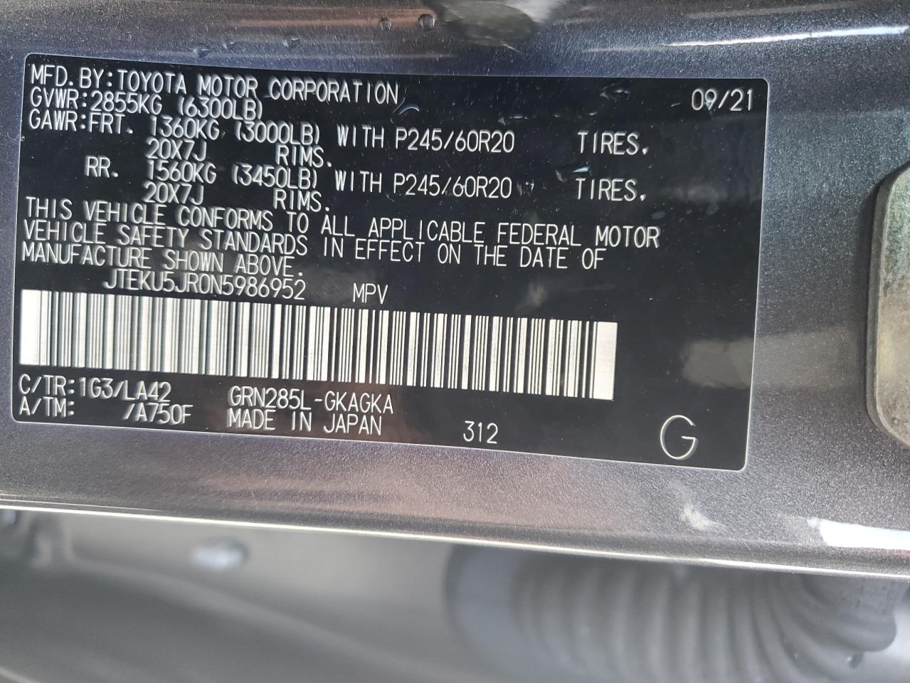 2022 TOYOTA 4RUNNER LIMITED VIN:JTEKU5JR0N5986952