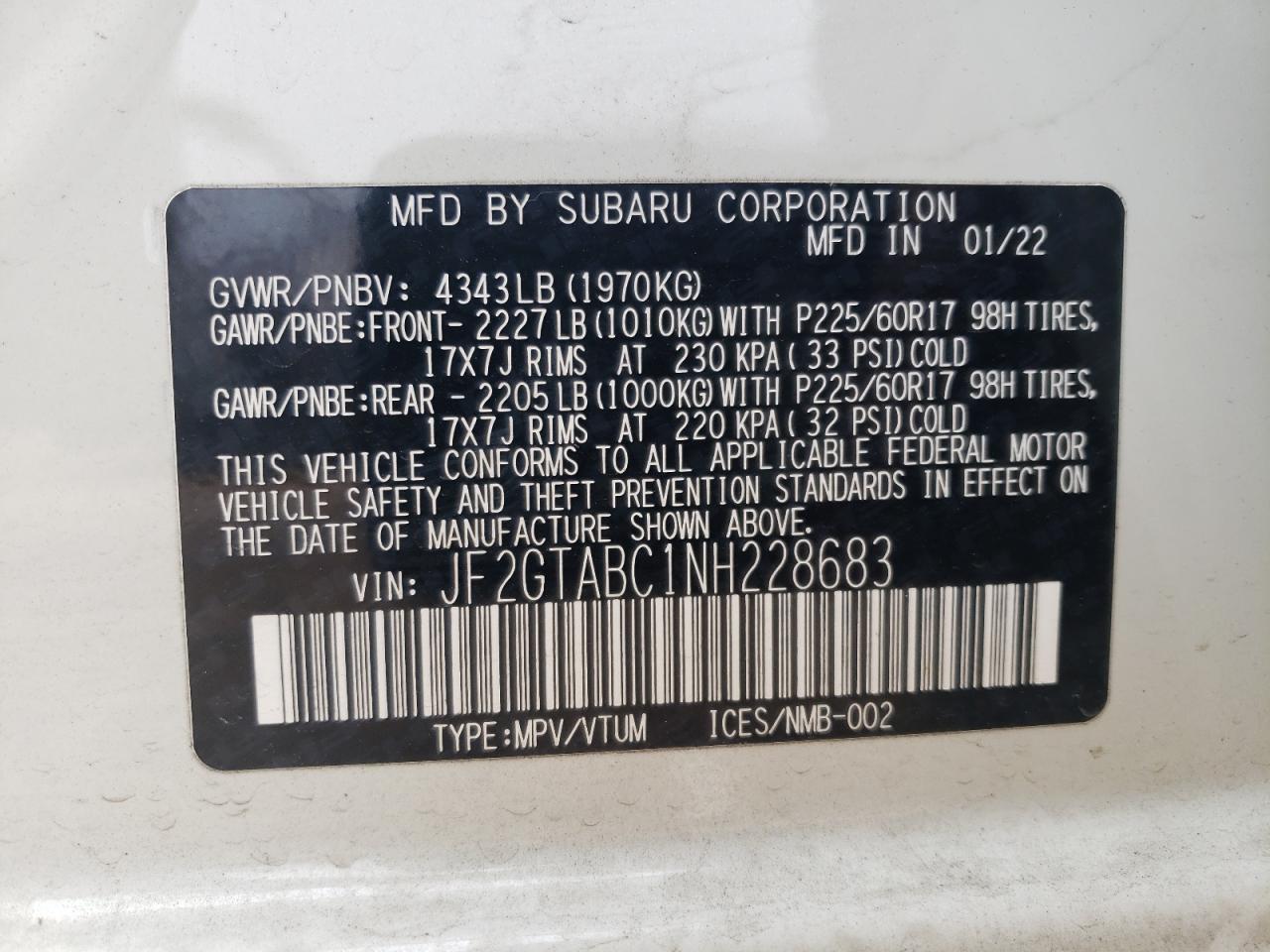 2022 SUBARU CROSSTREK  VIN:JF2GTABC1NH228683