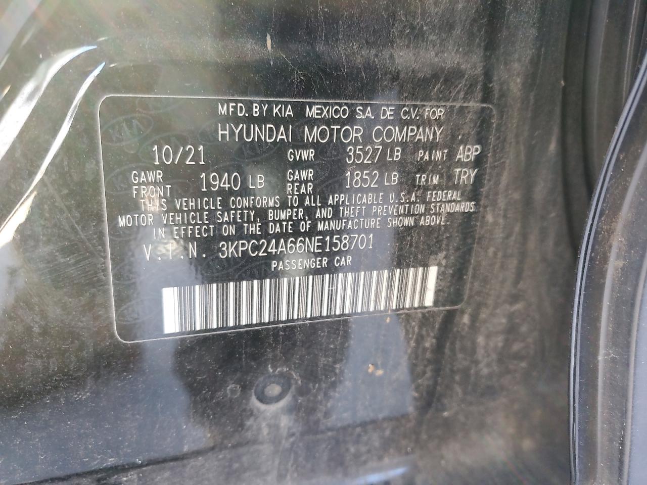 2022 HYUNDAI ACCENT SE VIN:3KPC24A66NE158701