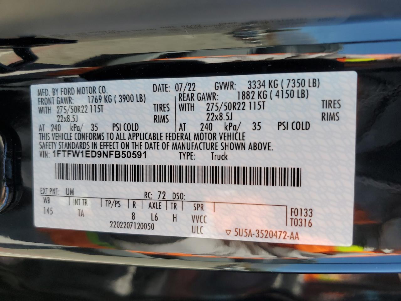 2022 FORD F150 SUPERCREW VIN:1FTFW1ED9NFB50591