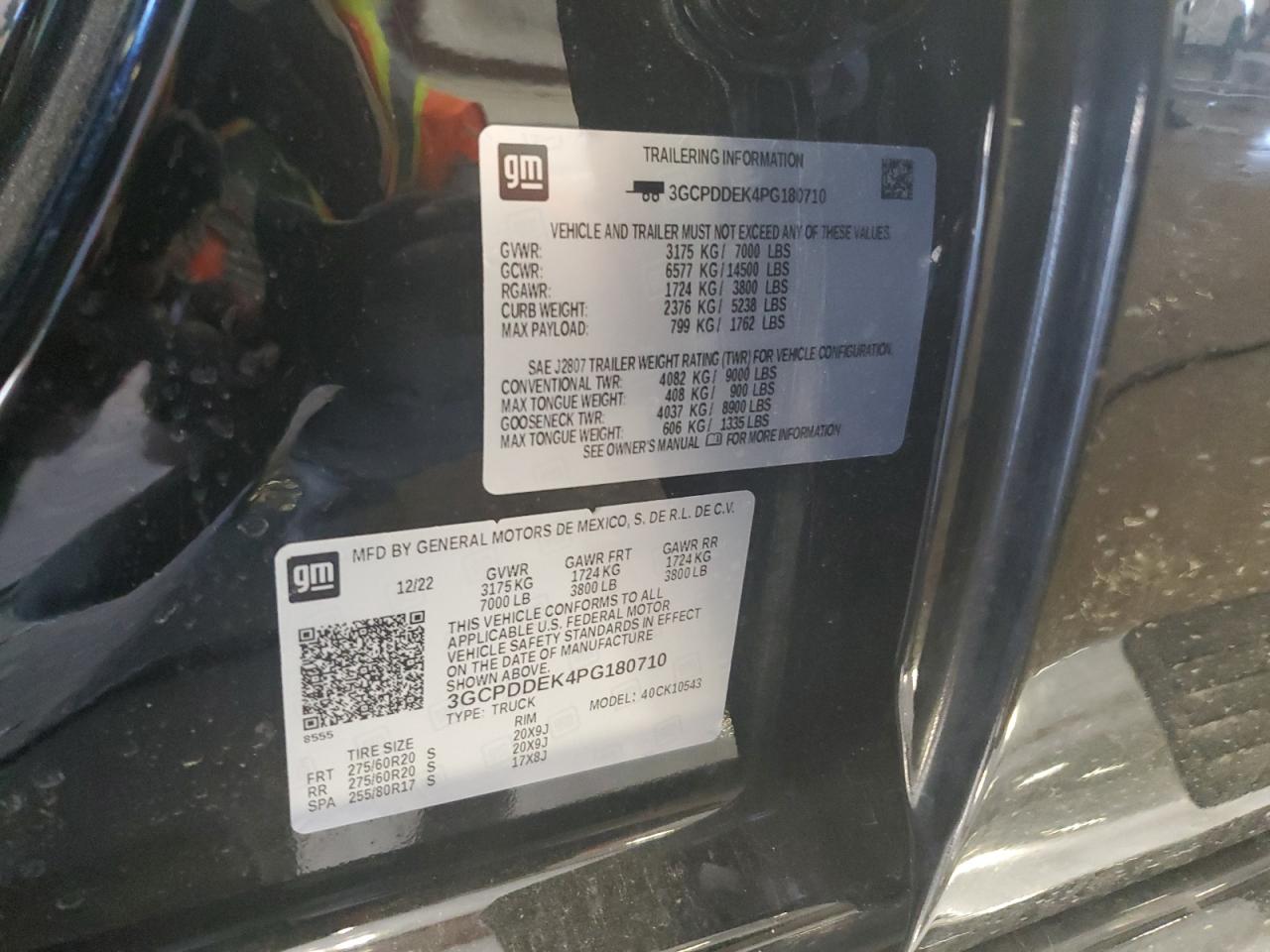 2023 CHEVROLET SILVERADO K1500 LT VIN:3GCPDDEK4PG180710