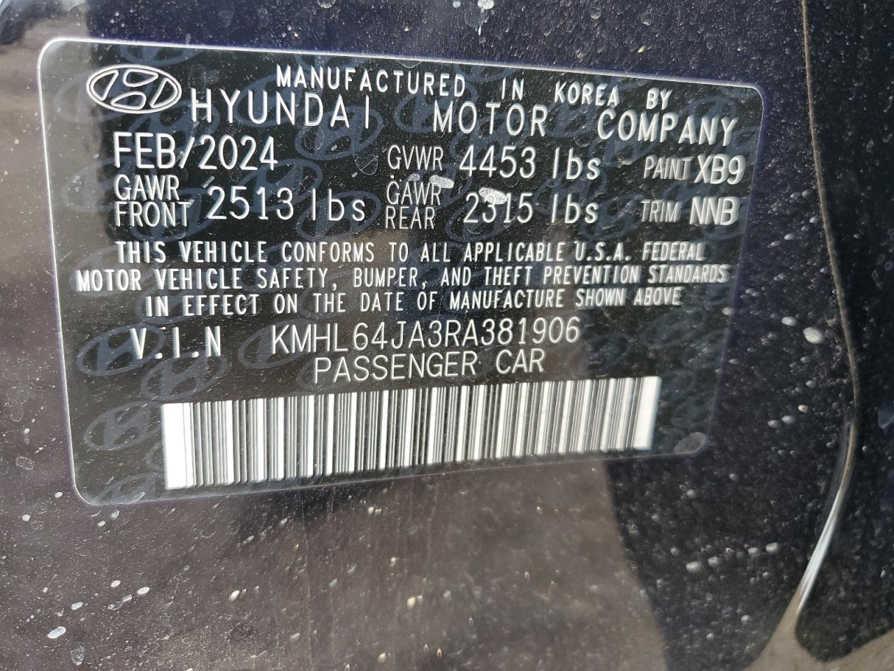 2024 HYUNDAI SONATA SEL VIN:KMHL64JA3RA381906