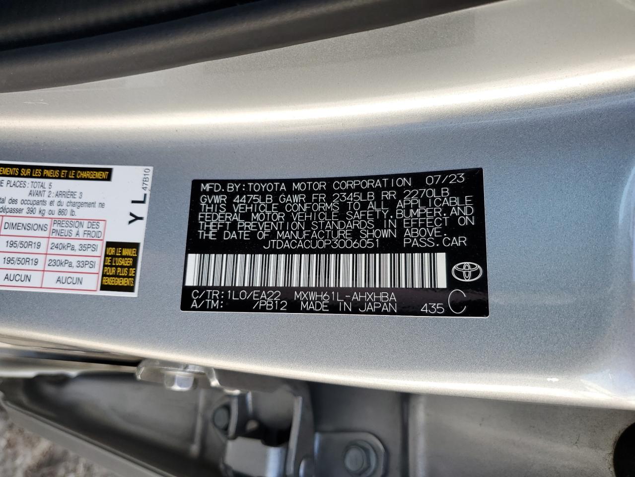 2023 TOYOTA PRIUS PRIME SE VIN:JTDACACU0P3006051