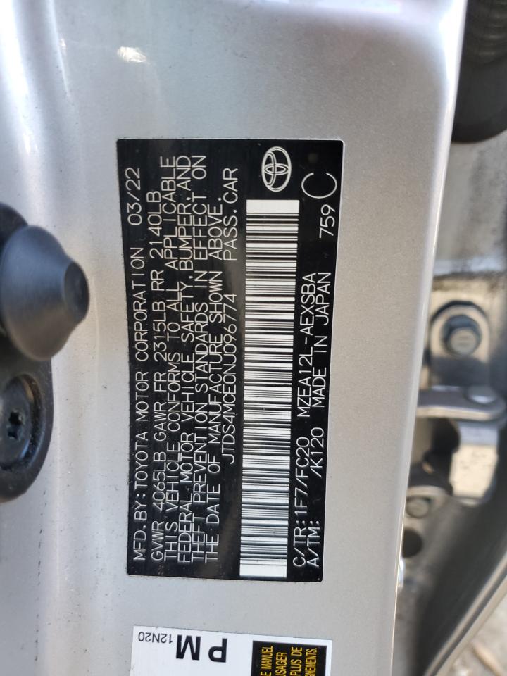 2022 TOYOTA COROLLA SE VIN:JTDS4MCE0NJ096774