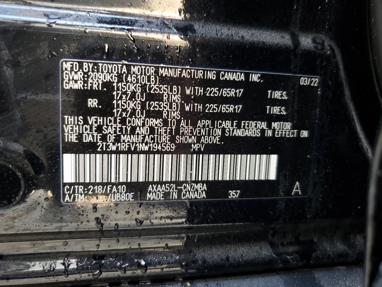 2022 TOYOTA RAV4 XLE VIN:2T3W1RFV1NW194569