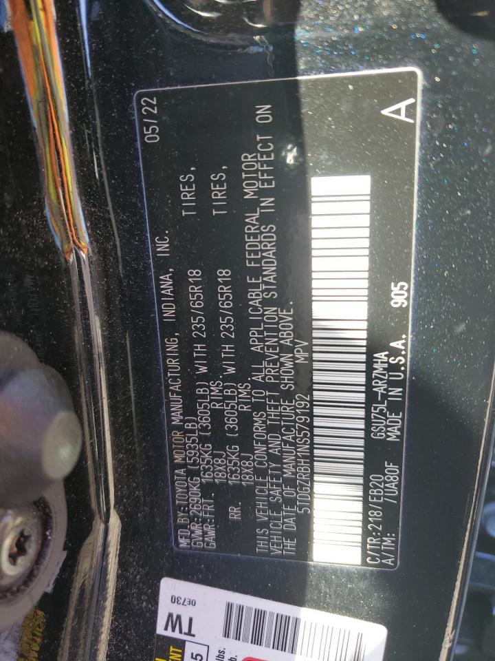 2022 TOYOTA HIGHLANDER XLE VIN:5TDGZRBH1NS579192