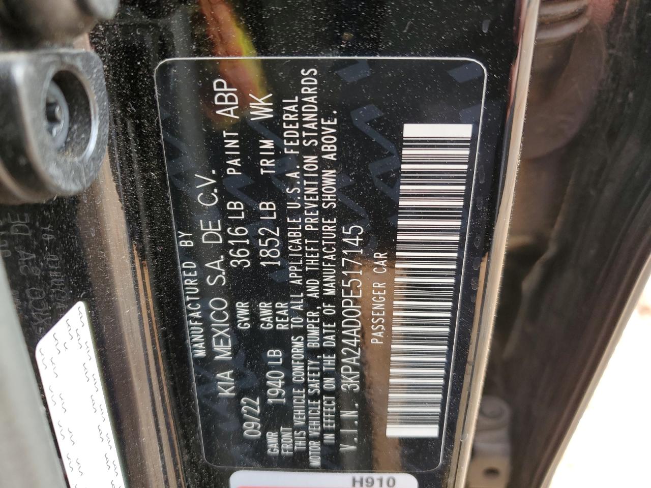2023 KIA RIO LX VIN:3KPA24AD0PE517145