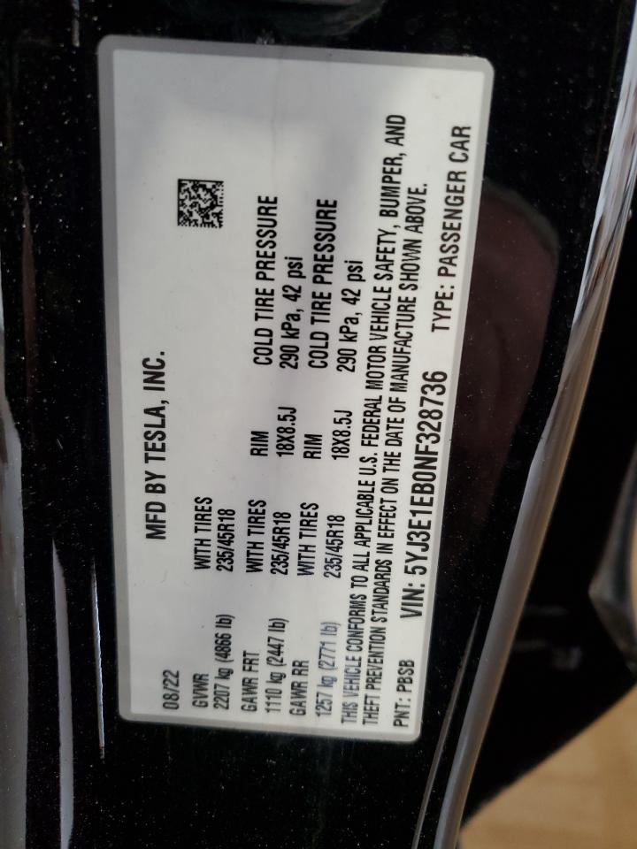 2022 TESLA MODEL 3  VIN:5YJ3E1EB0NF328736