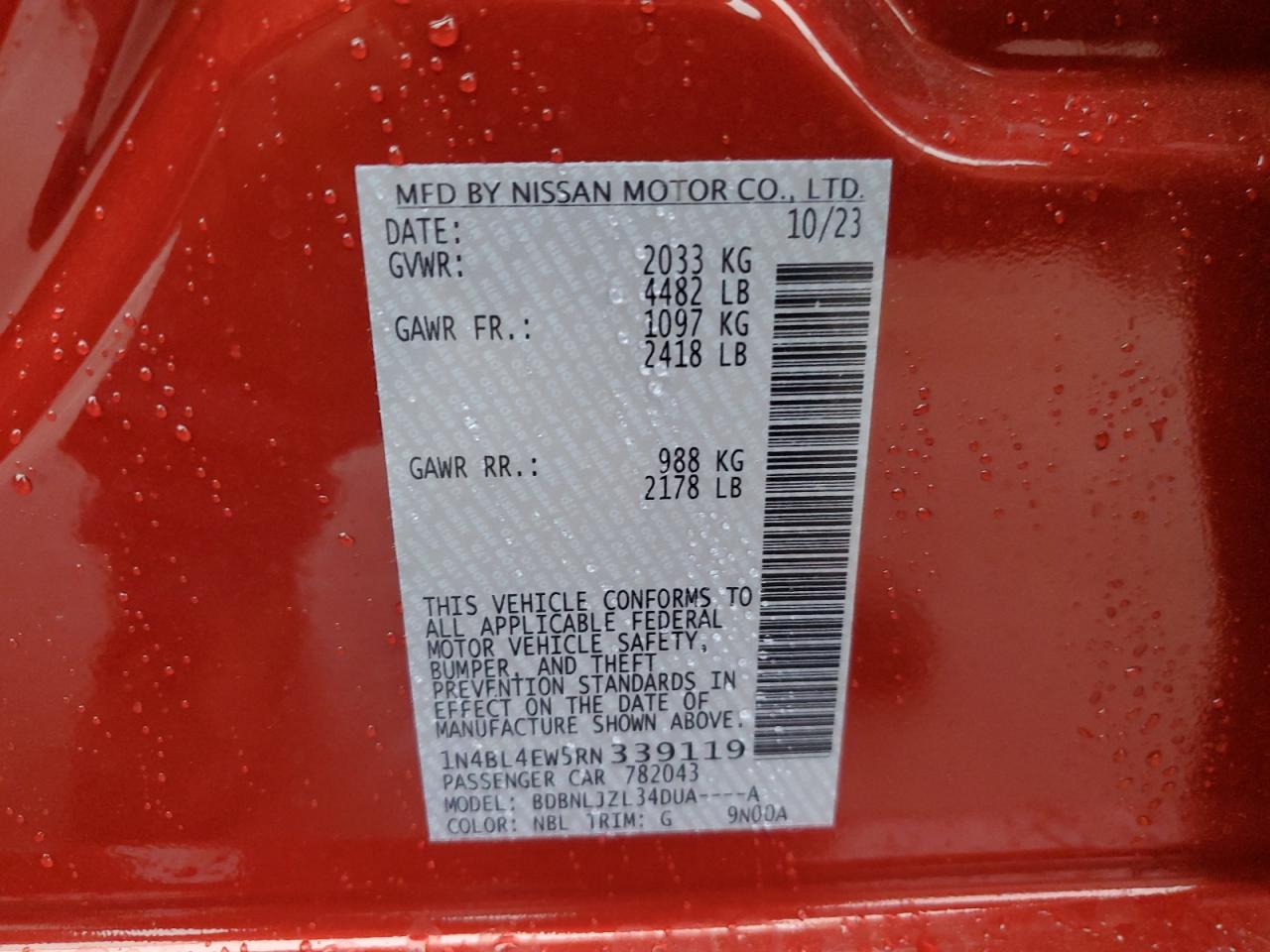 2024 NISSAN ALTIMA SL VIN:1N4BL4EW5RN339119