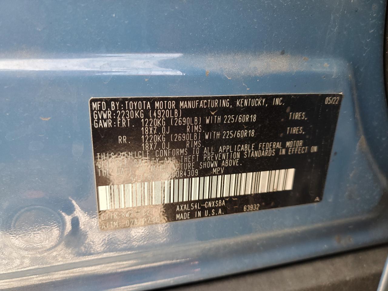 2022 TOYOTA RAV4 SE VIN:4T3T6RFV0NU084309