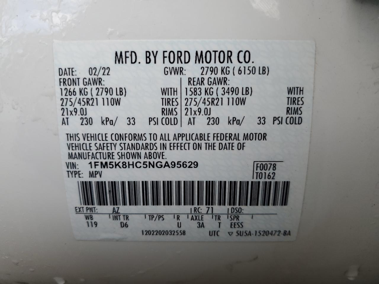 2022 FORD EXPLORER PLATINUM VIN:1FM5K8HC5NGA95629