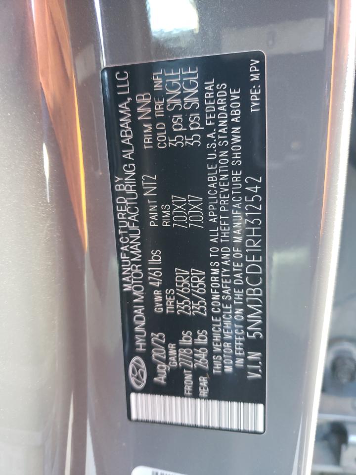 2024 HYUNDAI TUCSON SEL VIN:5NMJBCDE1RH312542