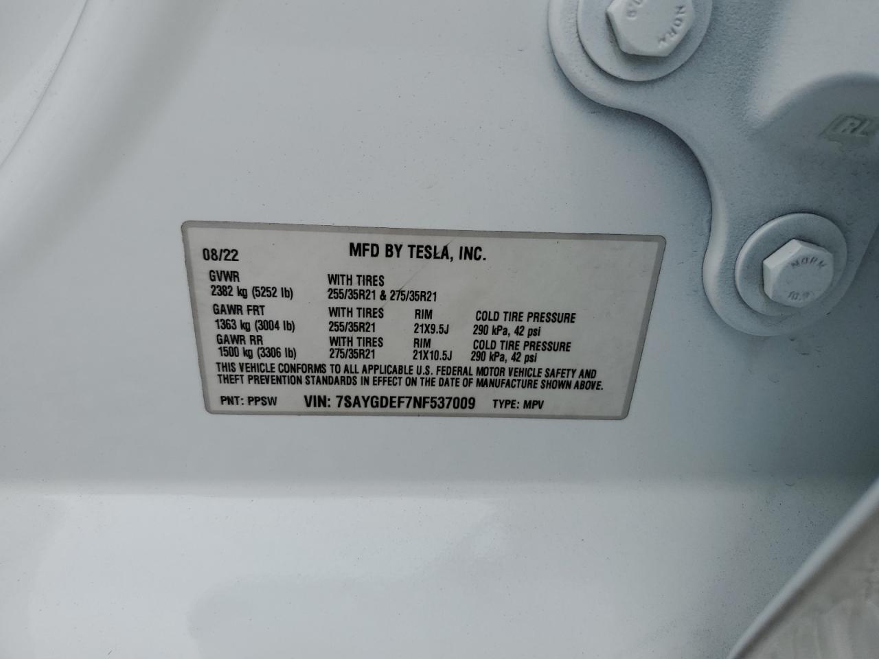 2022 TESLA MODEL Y  VIN:7SAYGDEF7NF537009